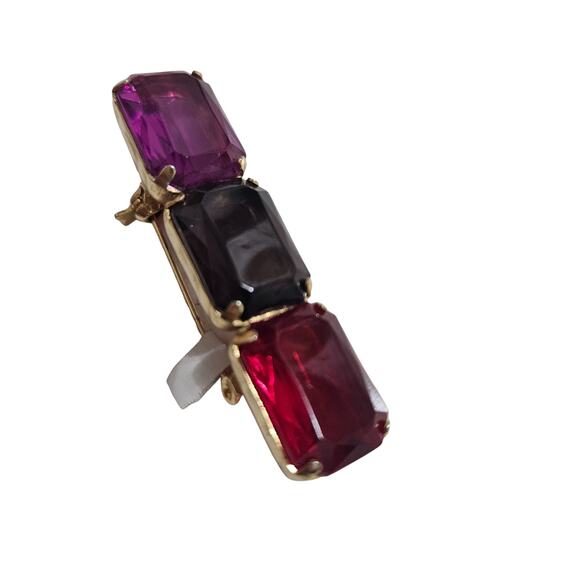 1980s Mod Red Purple Pink Brooch Geometric Rectangle Gold Trim C Clasp Closure - Picture 3 of 8